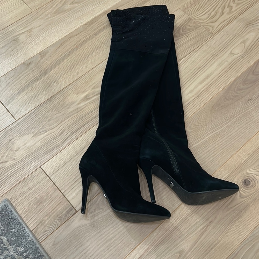 Black Suede Studded Over-the-Knee Heeled Boots